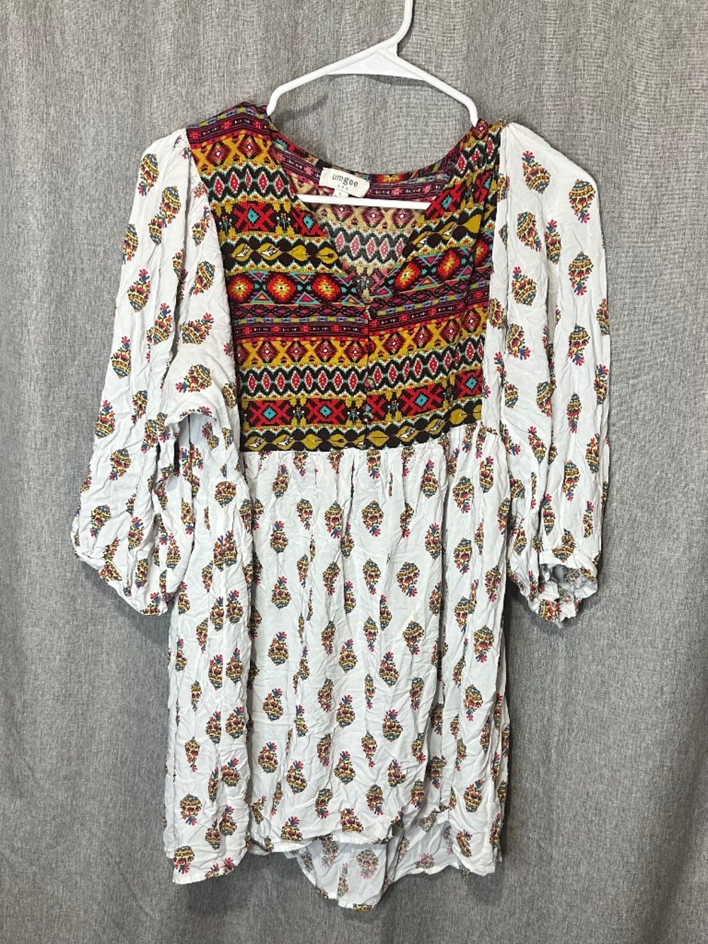 Umgee Boho Mixed Print Babydoll Tunic Dress Cream Size Large